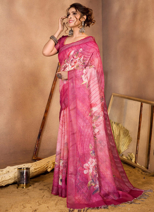 Pink Linen Sequins Woven Printed Saree