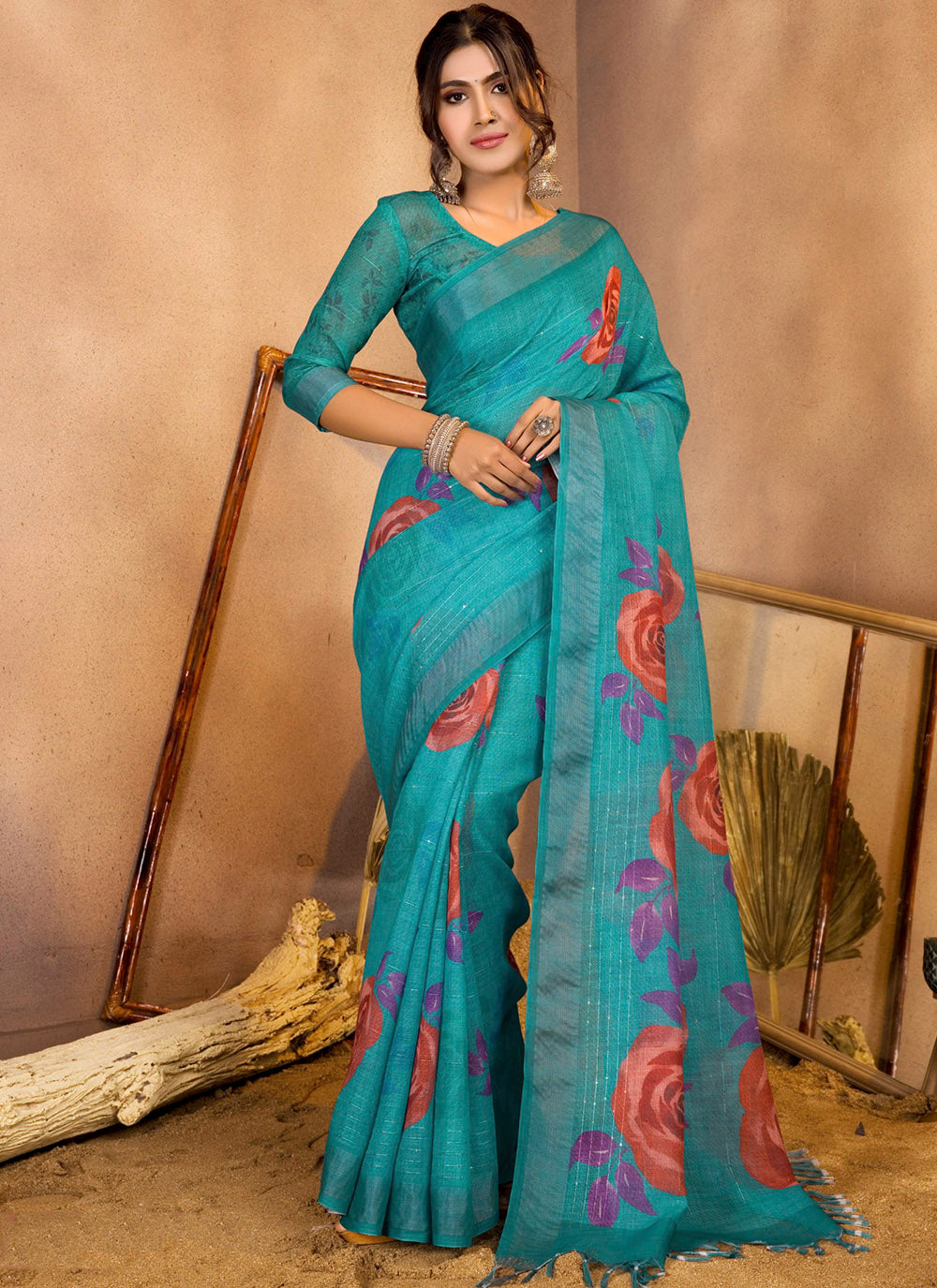 Rama Green Linen Sequins Woven Printed Saree