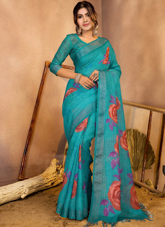 Rama Green Linen Sequins Woven Printed Saree