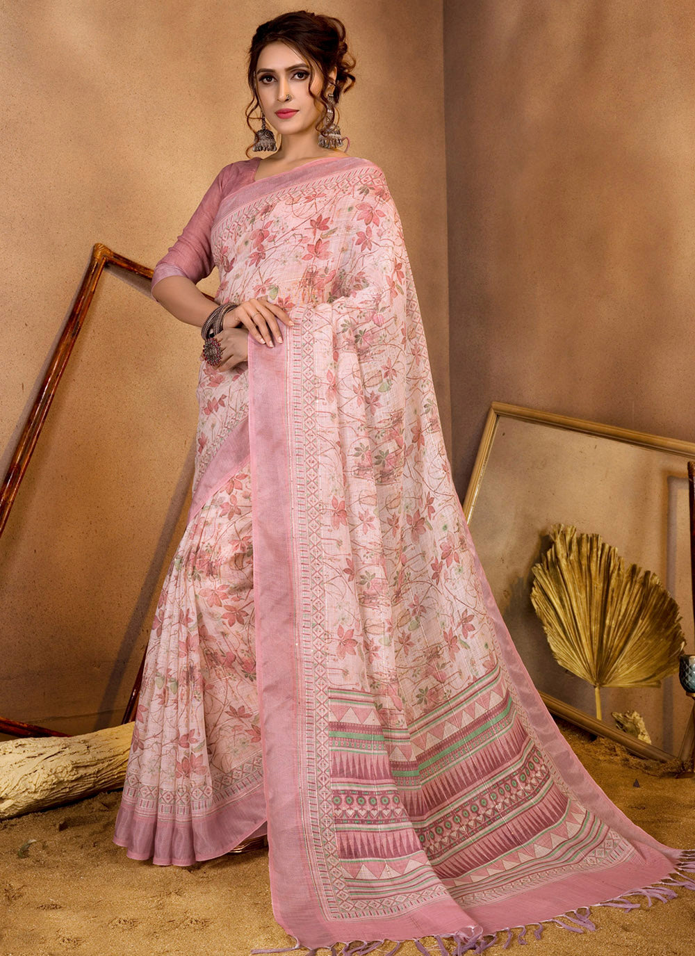 Light Pink Linen Sequins Woven Printed Saree