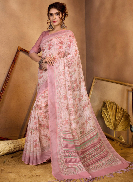 Light Pink Linen Sequins Woven Printed Saree