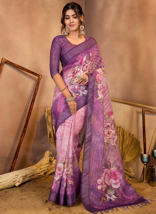 Purple Linen Sequins Woven Printed Saree