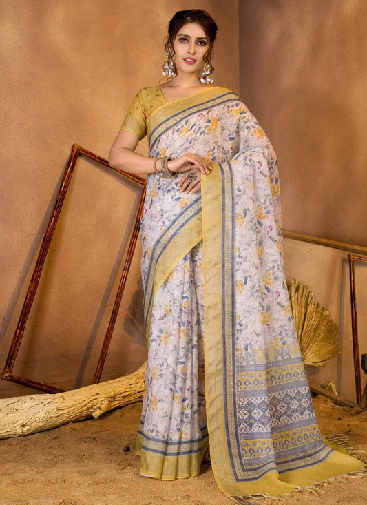White Linen Sequins Woven Printed Saree