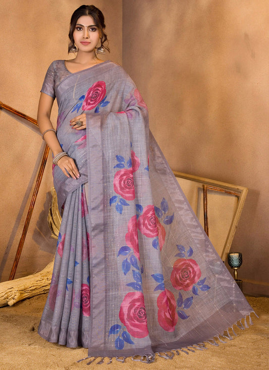 Grey Linen Sequins Woven Printed Saree