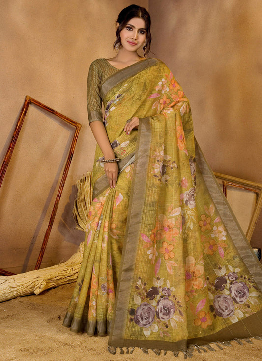 Mahendi Green Linen Sequins Woven Printed Saree