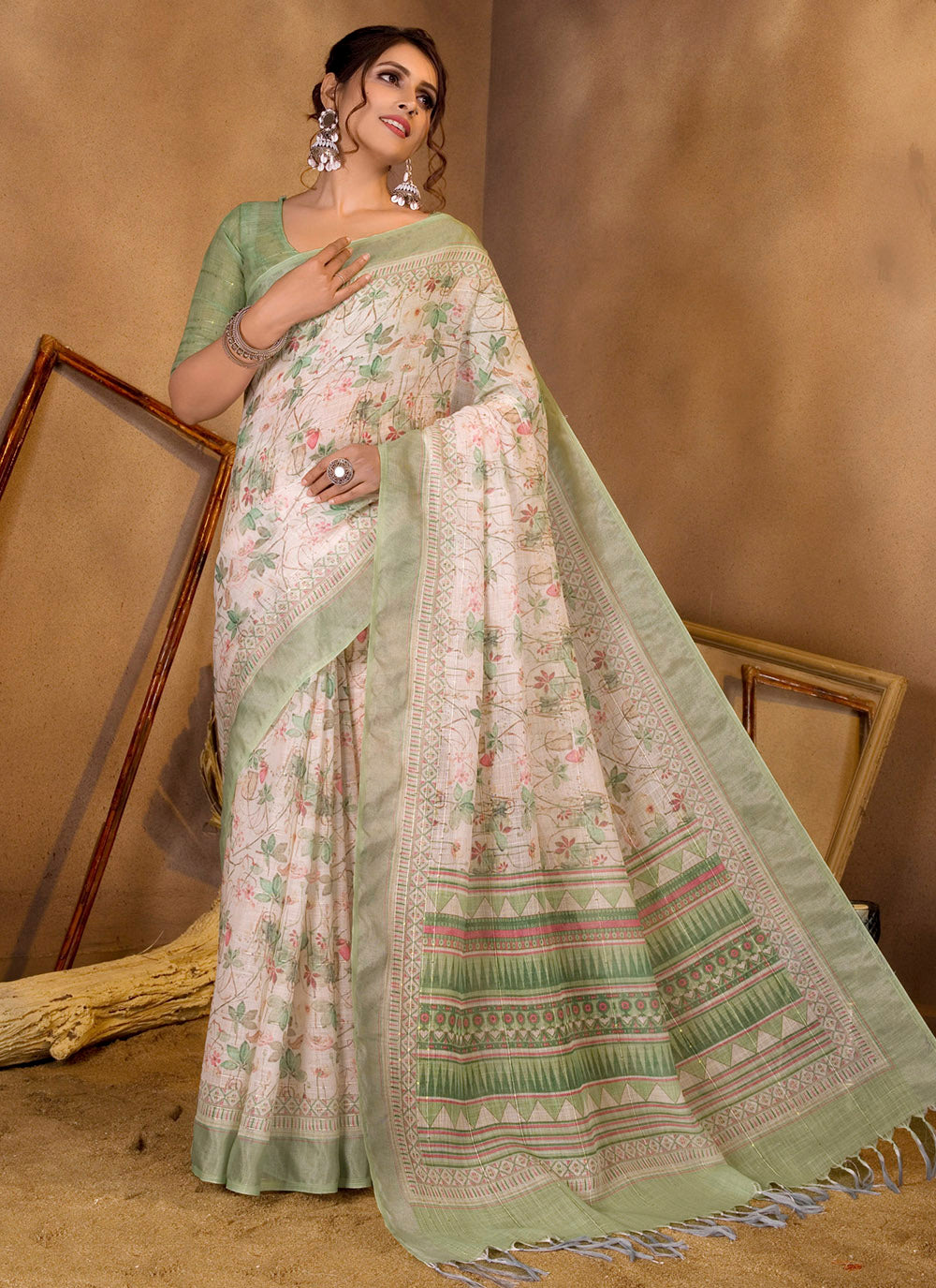 Off White Linen Sequins Woven Printed Saree