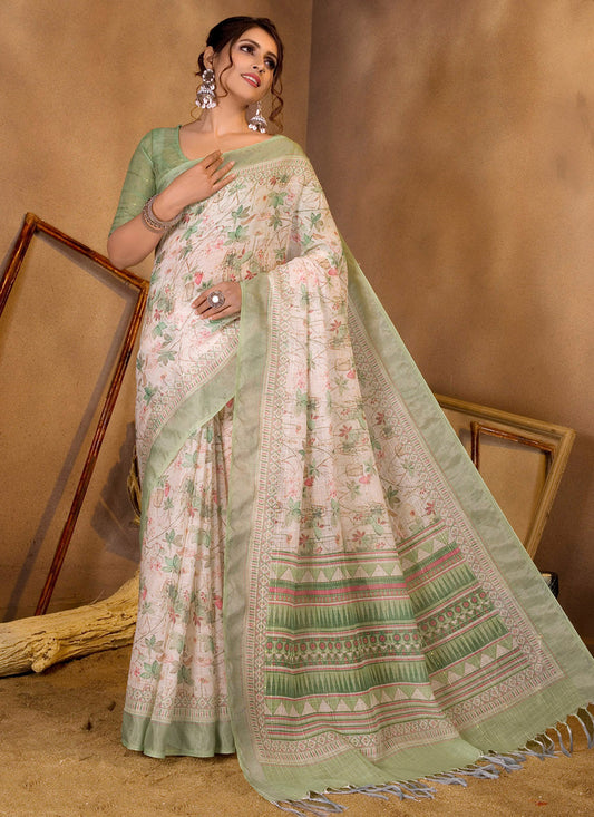 Off White Linen Sequins Woven Printed Saree