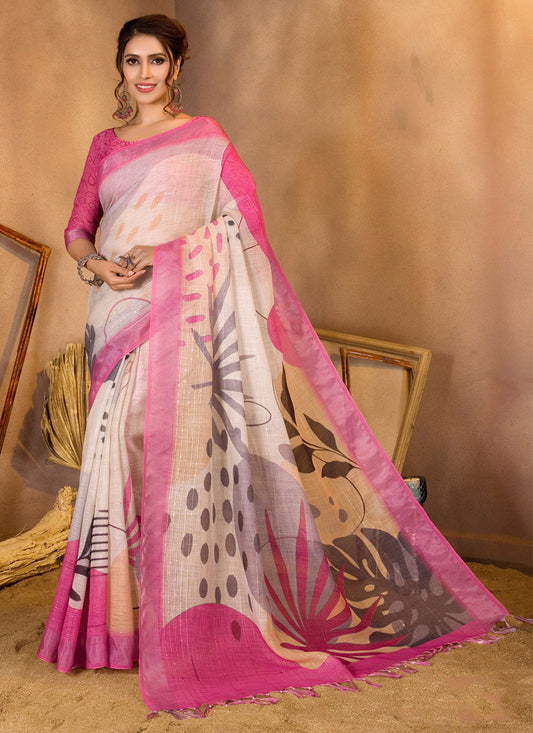 Linen Sequins Printed Woven Saree in Pink