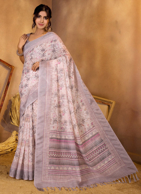 Light Grey Linen Sequins Woven Printed Saree
