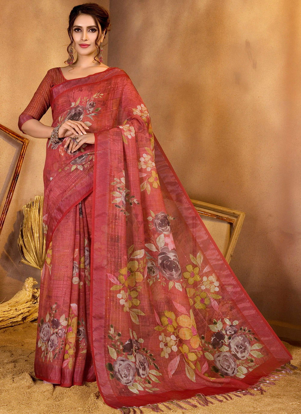 Red Linen Sequins Woven Printed Saree