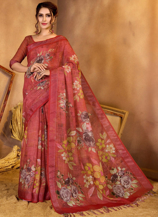 Red Linen Sequins Woven Printed Saree