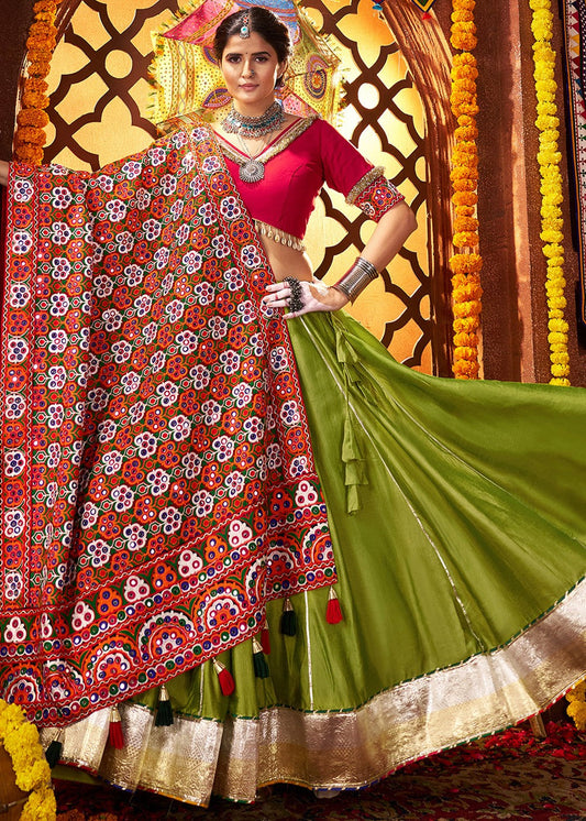 Green Silk Embroidered Navratri Lehenga Choli