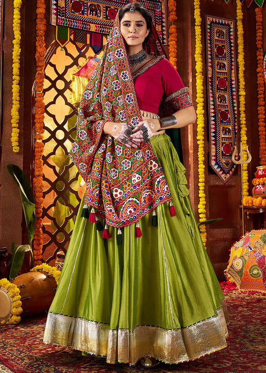 Green Silk Embroidered Navratri Lehenga Choli 