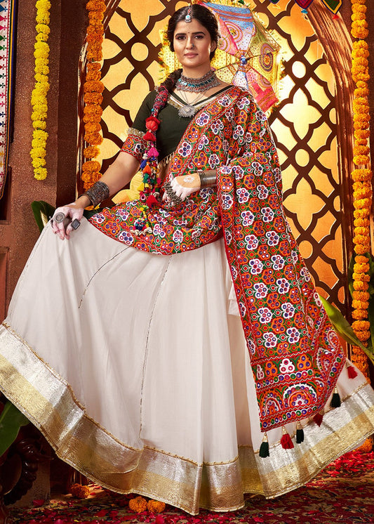White Silk Embroidered Navratri Lehenga Choli