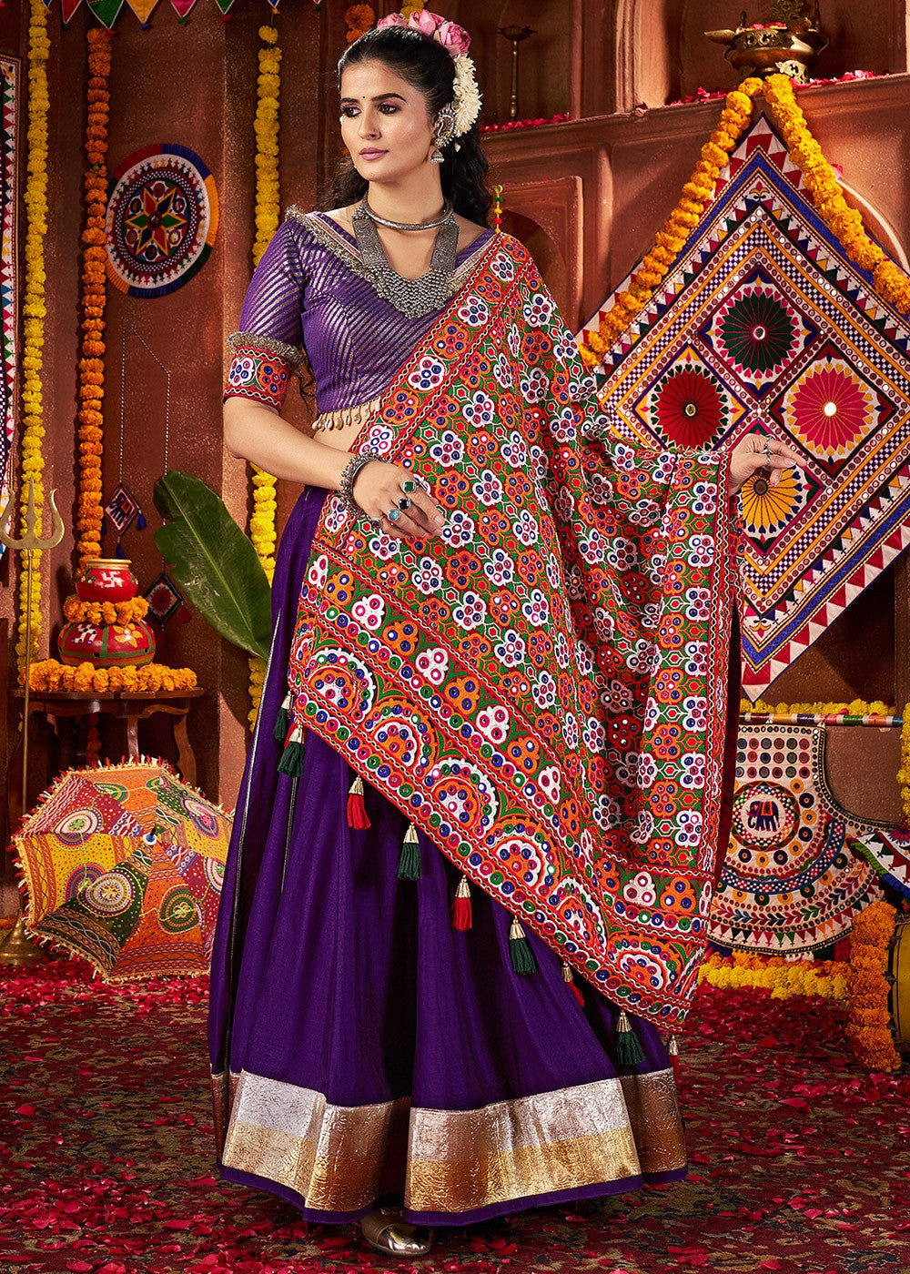 Purple Silk Embroidered Navratri Lehenga Choli 