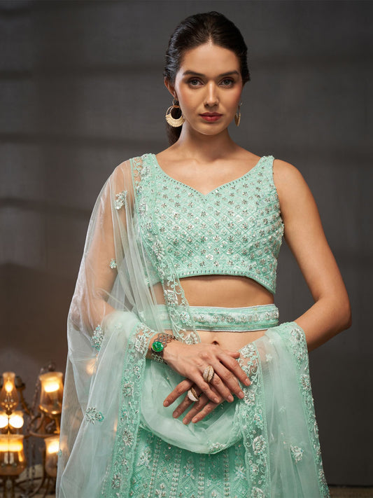 Turquoise Sequins Work Net Embroidered Lehenga Choli