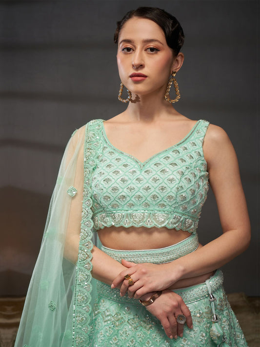 Turquoise Embroidered Sequins Work Net Lehenga Choli